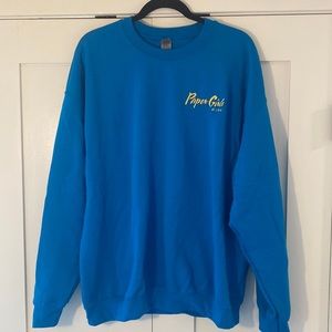XL Aqua Blue Sweatshirt- From filming the Amazon TV Show PAPER GIRLS SEASON 1